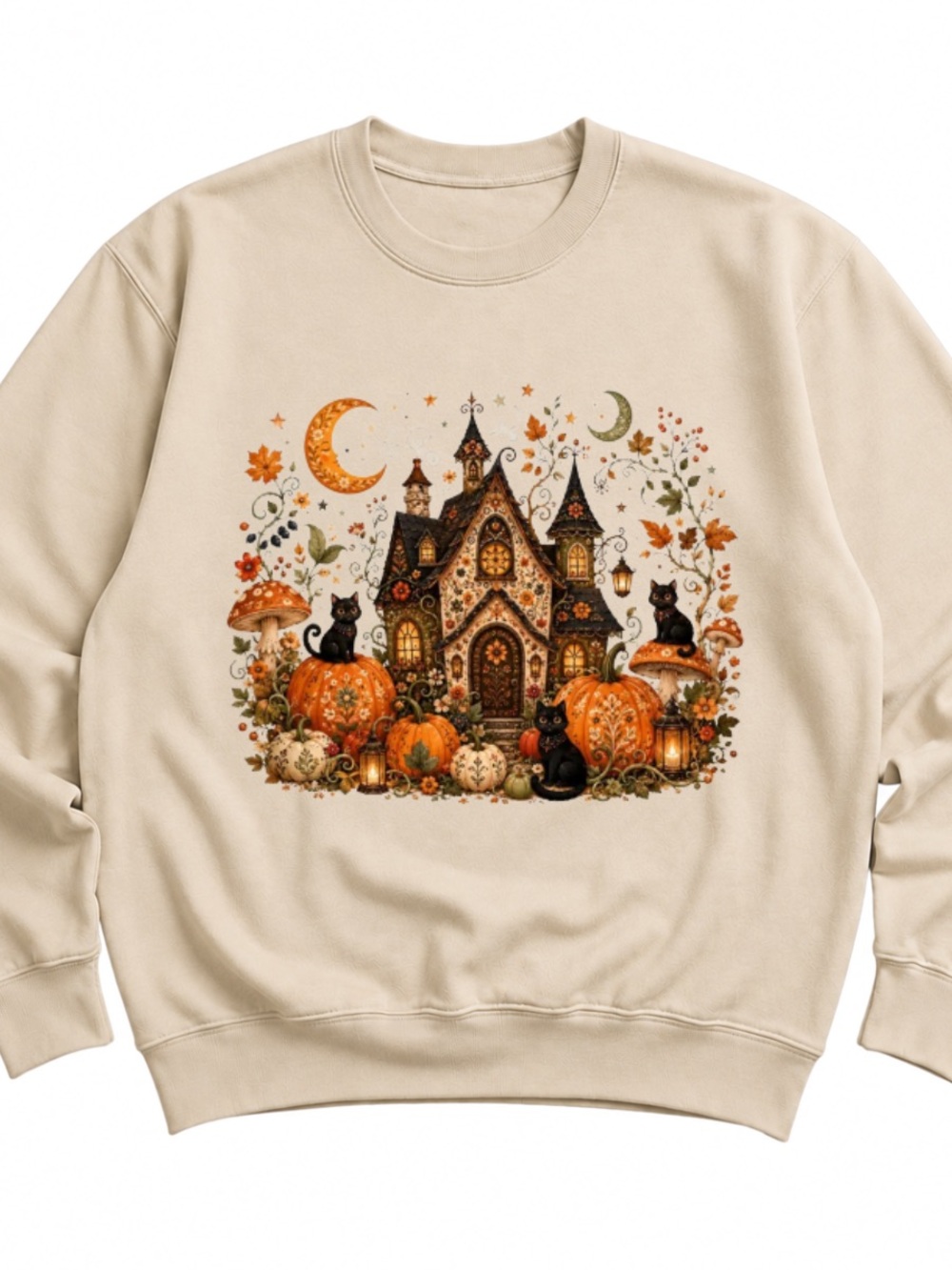 Sand Sweatshirt with Autumn Cottage & Pumpkin Design